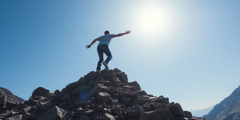 Person climbing a steep mountain path.