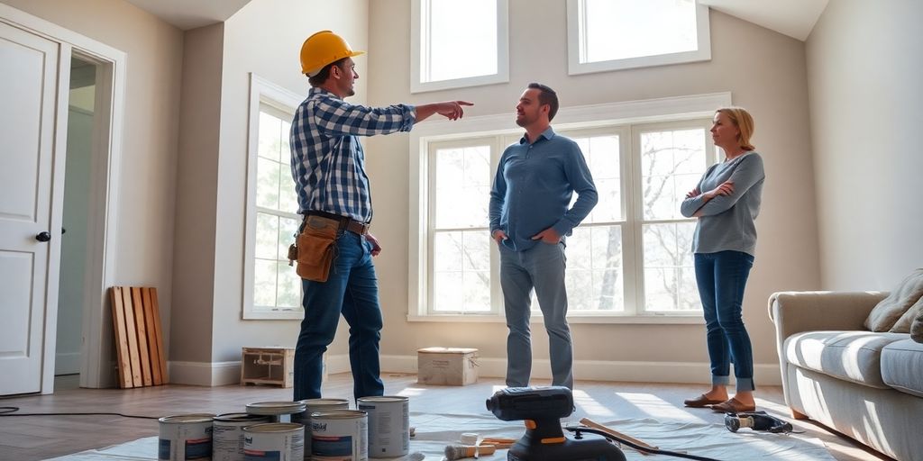 Contractor and homeowner in sunlit living room with renovation tools.