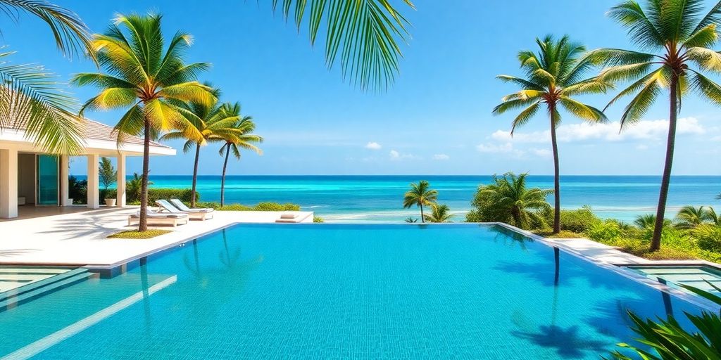 Modern villa, infinity pool, ocean view.