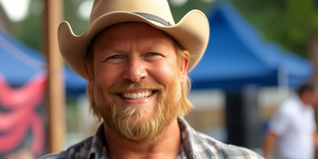 Portrait of Toby Keith smiling in a casual setting.