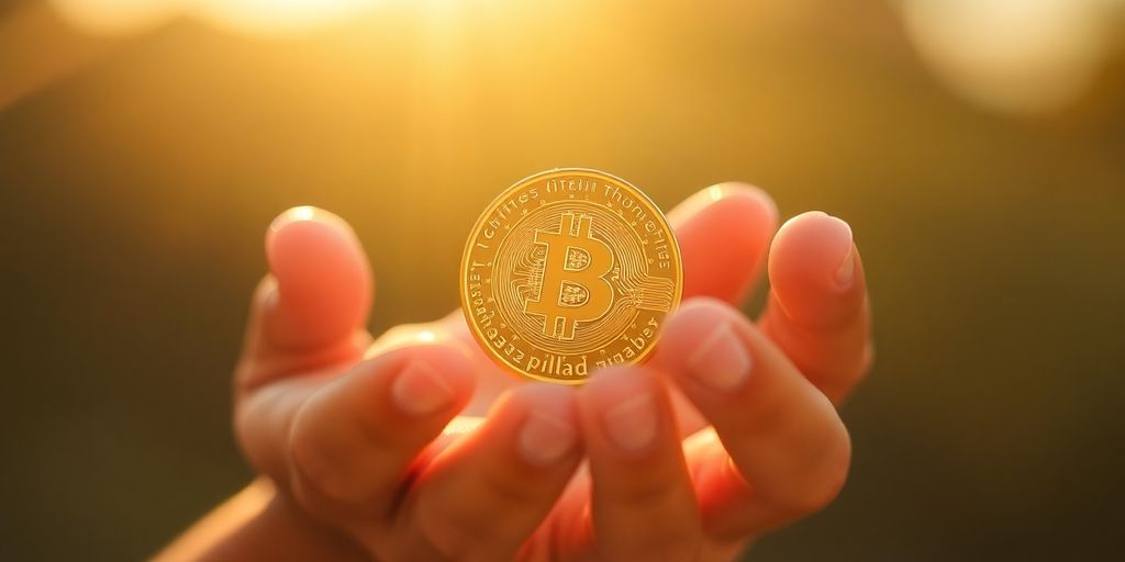 Sunlit hands holding a glowing golden coin.