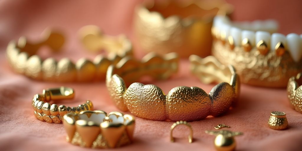 Des pièces d'or dentaire sur un fond en velours.