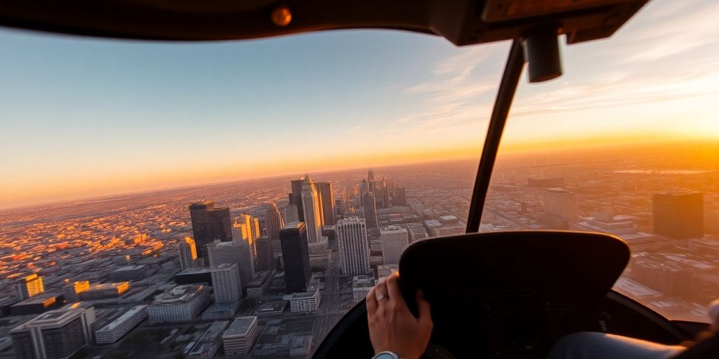 Helicopter flying over downtown Los Angeles at sunset