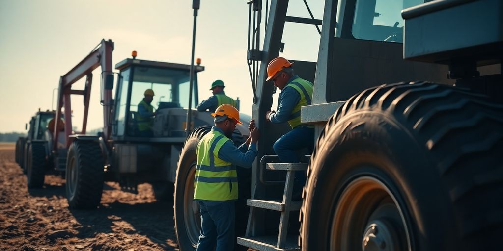 Workers in safety gear operating heavy oilfield machinery.