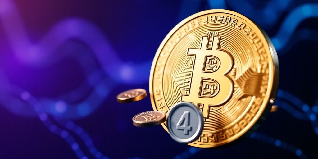 Digital coins swirling around a golden coin.