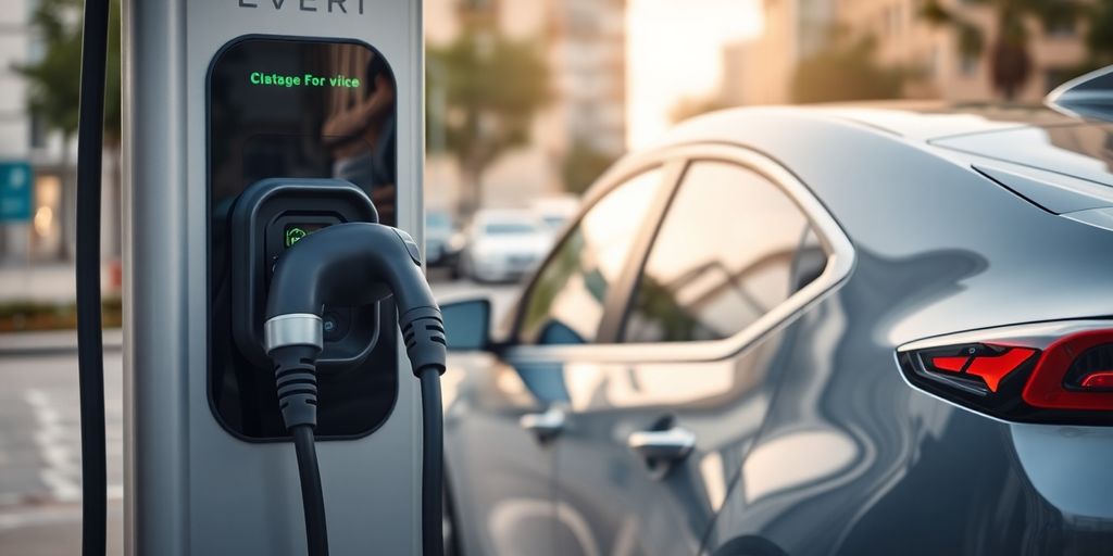 Electric vehicle charging station with car and city background.