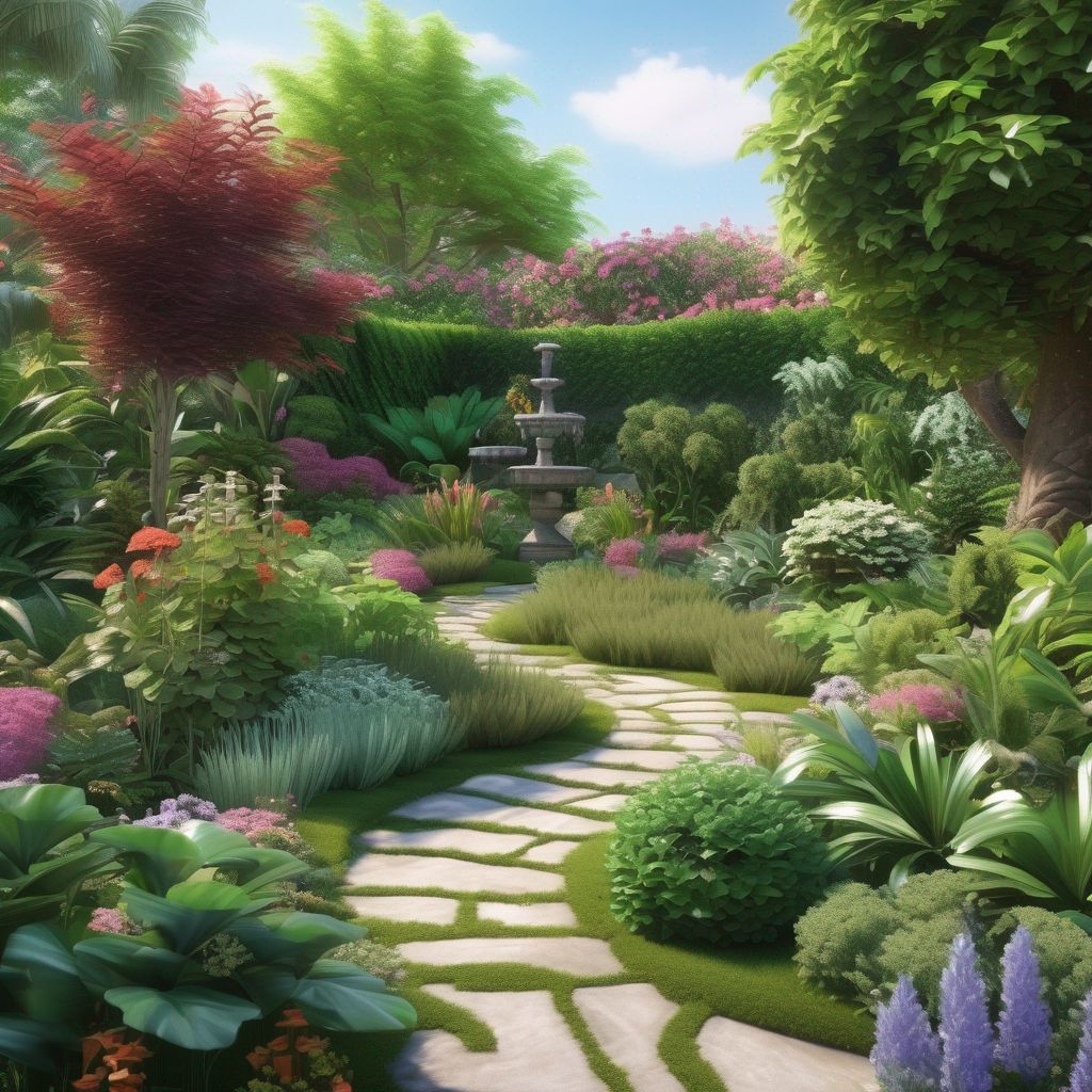 beautiful lush garden paradise with well-maintained plants and pathways