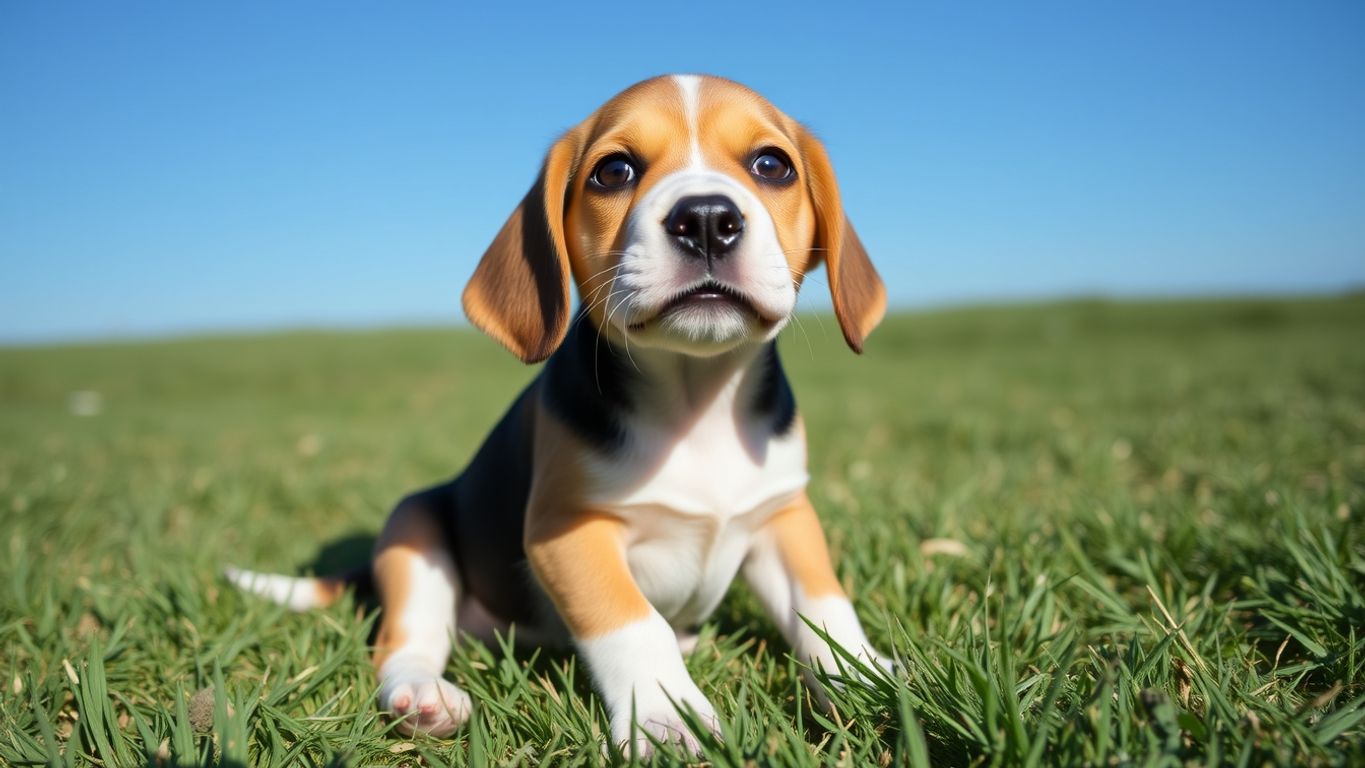 Playful Beagle puppy in a grassy field.