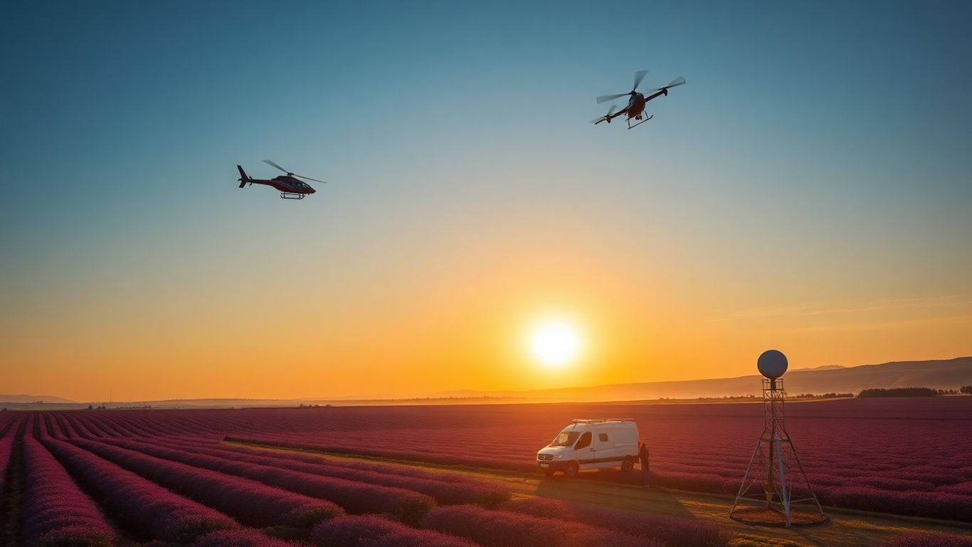 Hélicoptère et drone sur champs de lavande, camions radar mobiles.