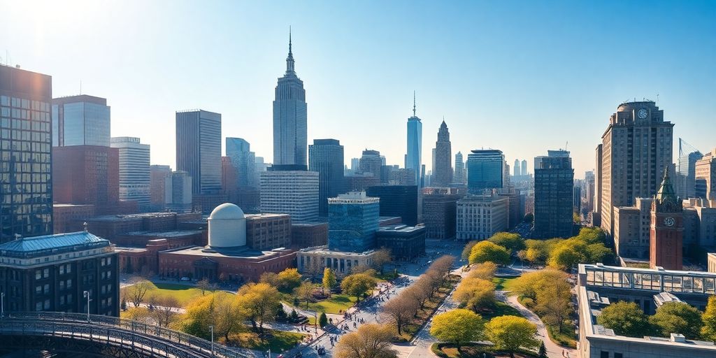 Colorful city skyline with diverse architecture and lively streets.
