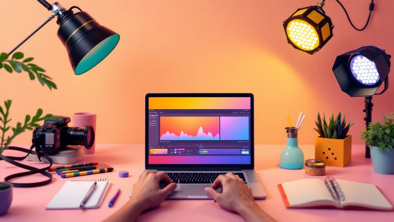A workspace with a laptop and creative tools.
