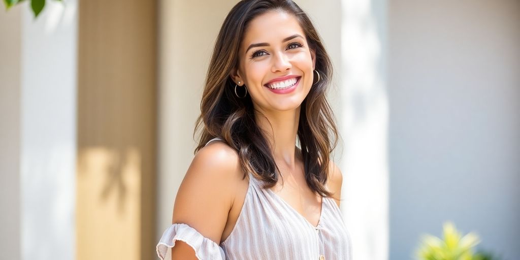 Woman wearing a short casual dress outdoors.