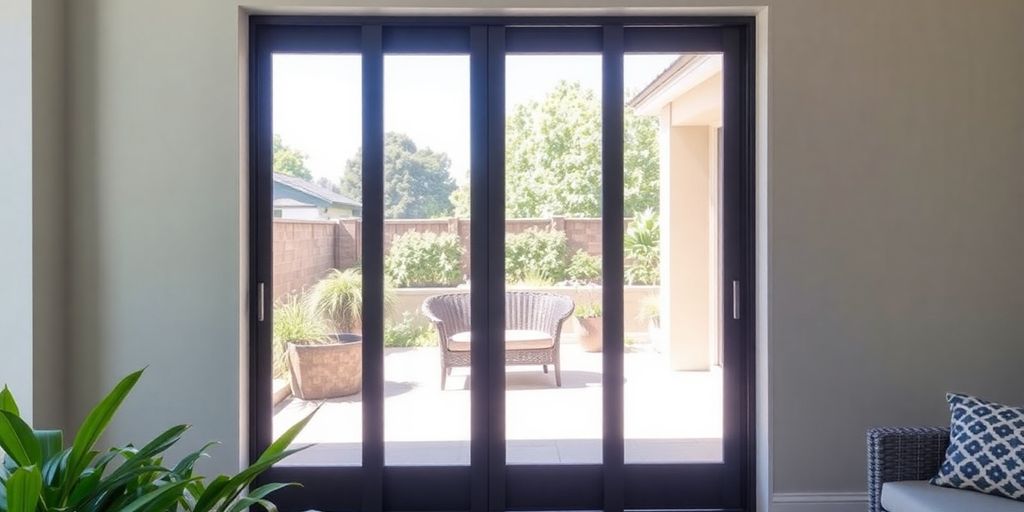 A modern sliding screen door leading to a patio.