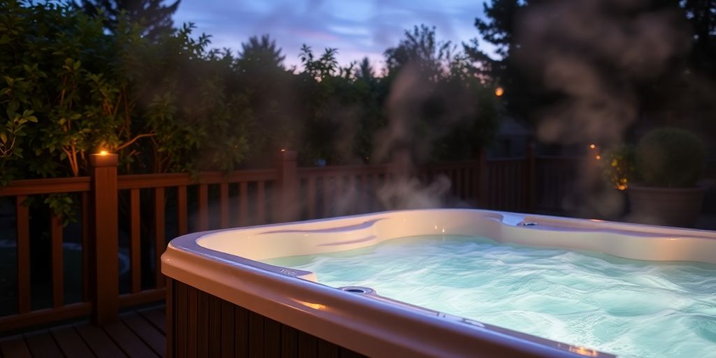 Sparkling hot tub, steam rising, backyard oasis.