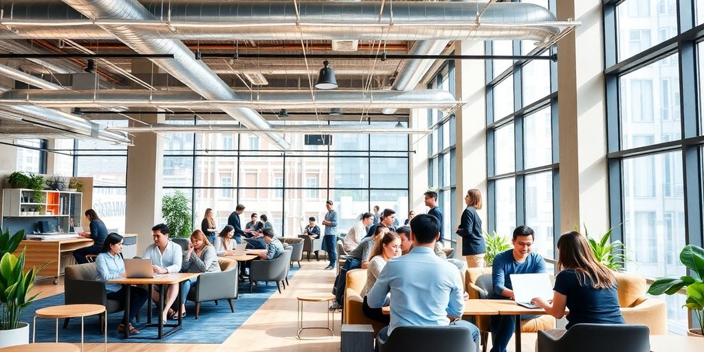 People collaborating in a modern Hong Kong coworking space.