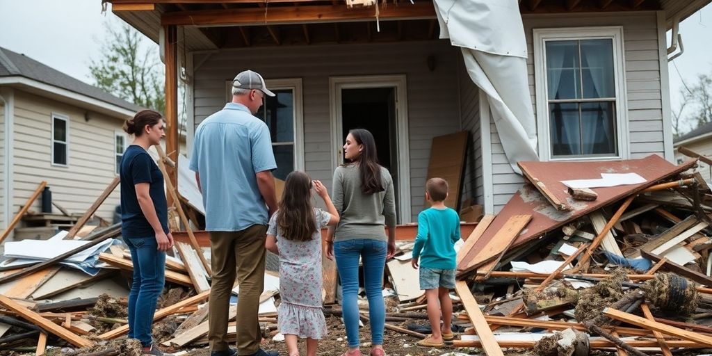 Family assessing storm damage and planning repairs.