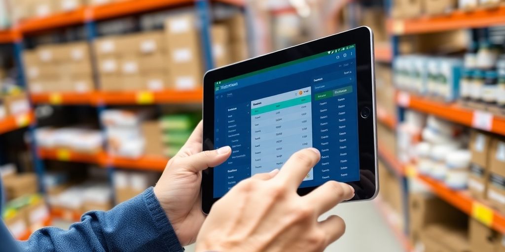 Person using inventory management app on a tablet.