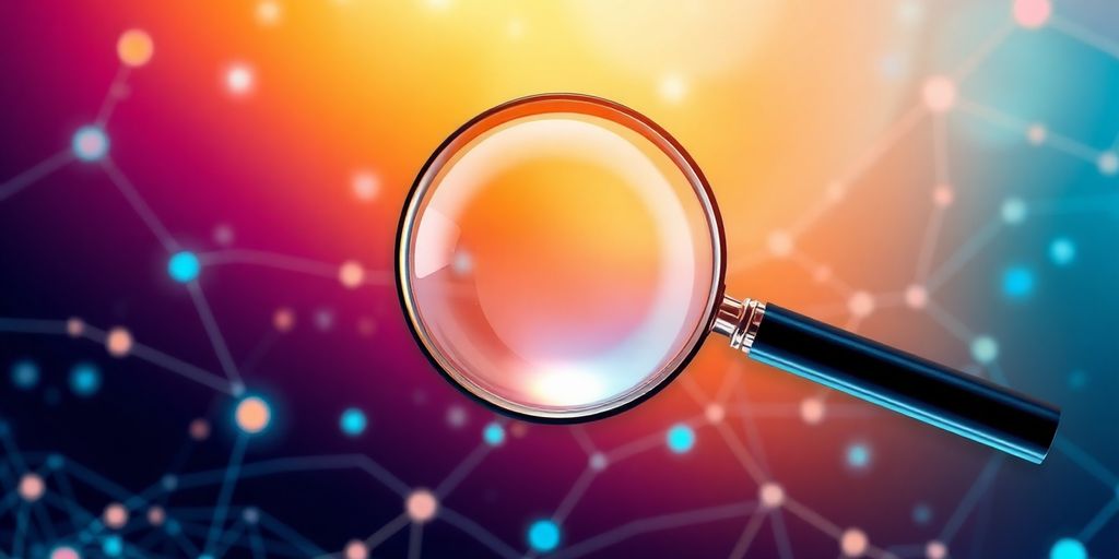 Magnifying glass over digital landscape, connecting abstract shapes.