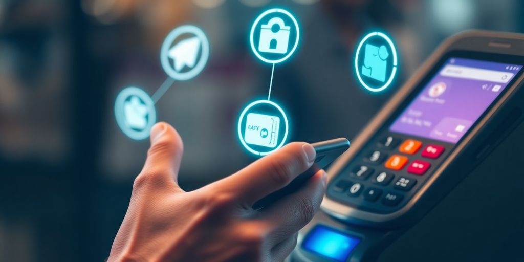 Digital payment icons and contactless transaction.