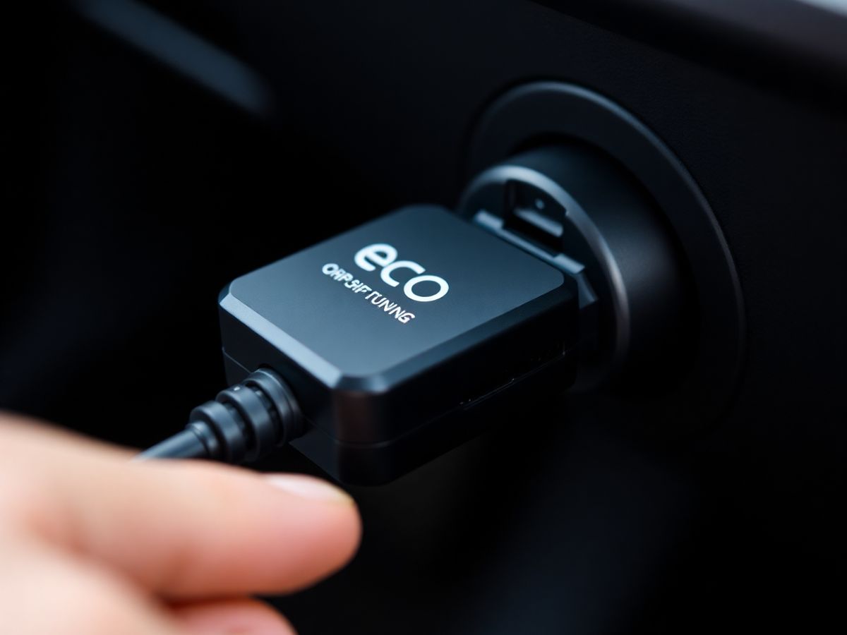 Cutie chip tuning eco OBDII conectată la portul mașinii.