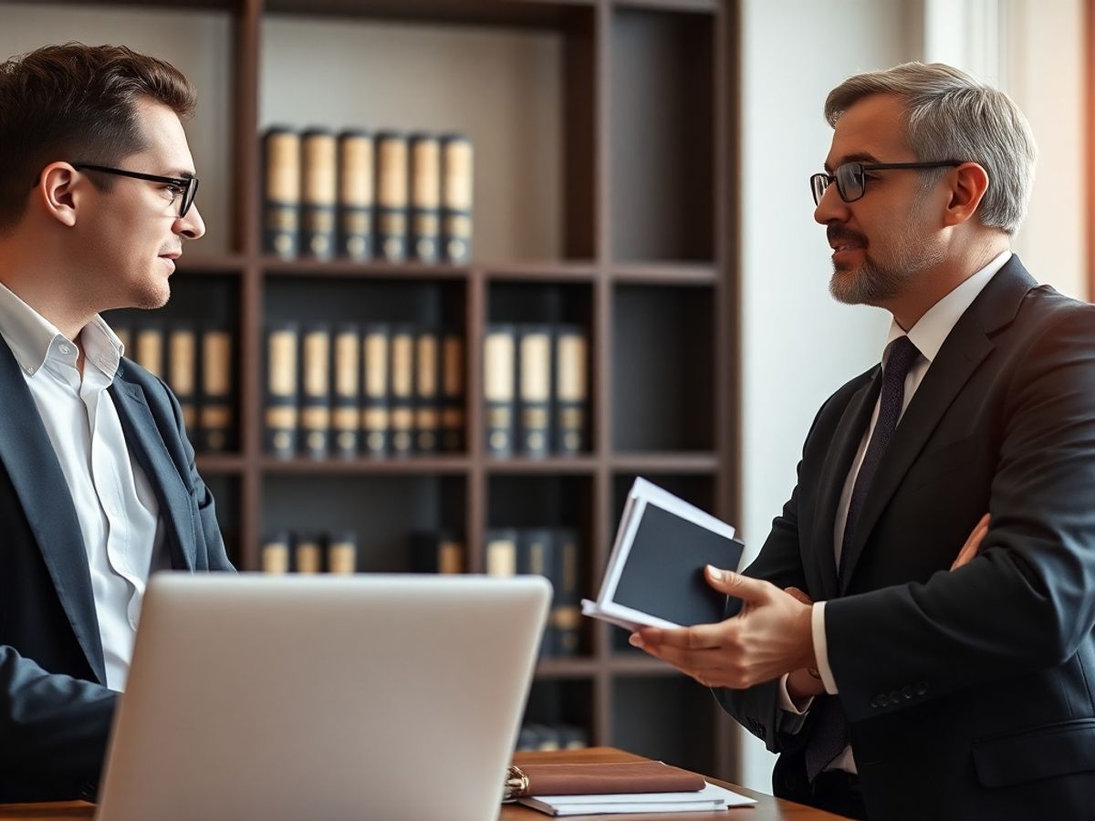 Avocat discutând în birou modern, cărți de drept în fundal.