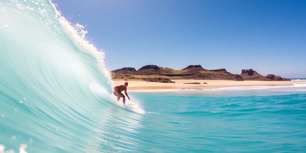 A surfer riding a brilliant blue wave in Maui.