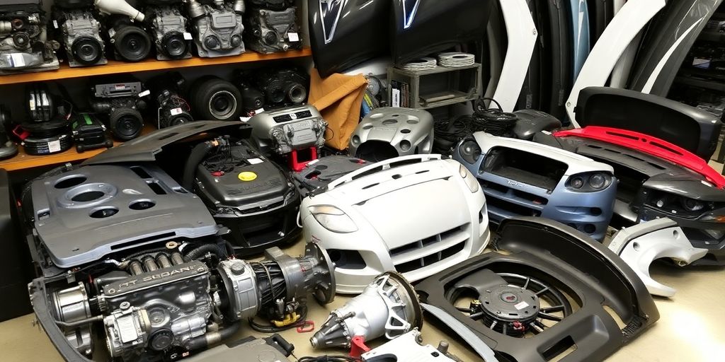 Subaru car parts laid out neatly.