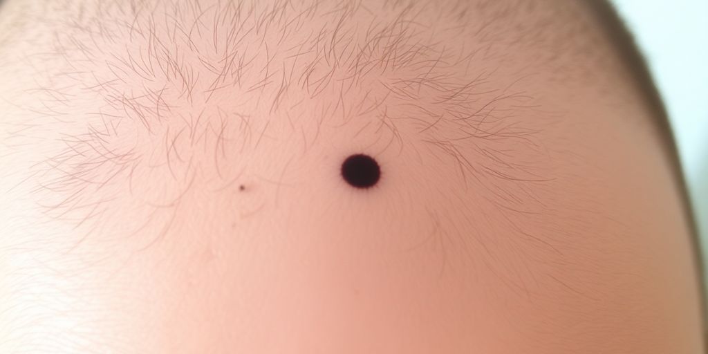 Close-up of a scalp with a single black dot.