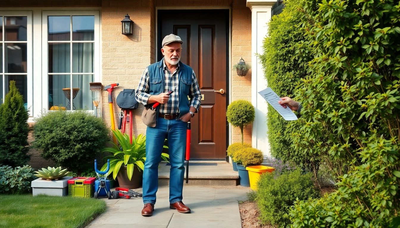 Landlord inspecting property with maintenance tools.