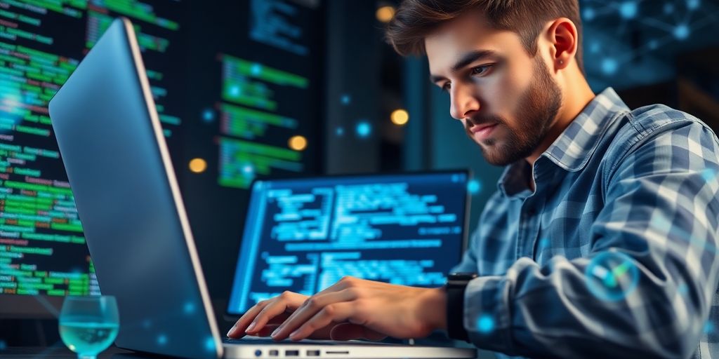 Blockchain developer coding in a modern tech workspace.