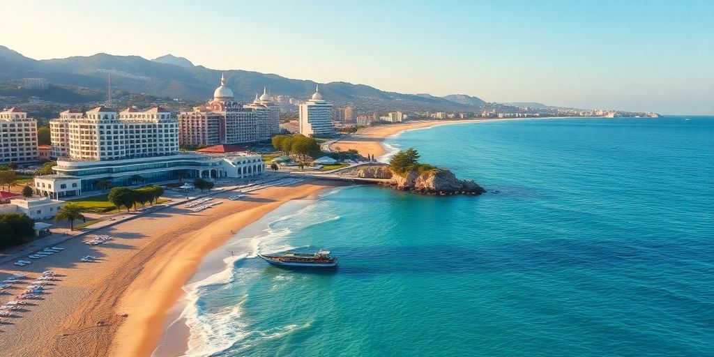 Alanya Strand mit luxuriösen Hotels im Hintergrund.