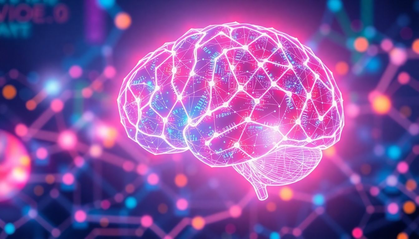 AI brain in a vibrant digital landscape.