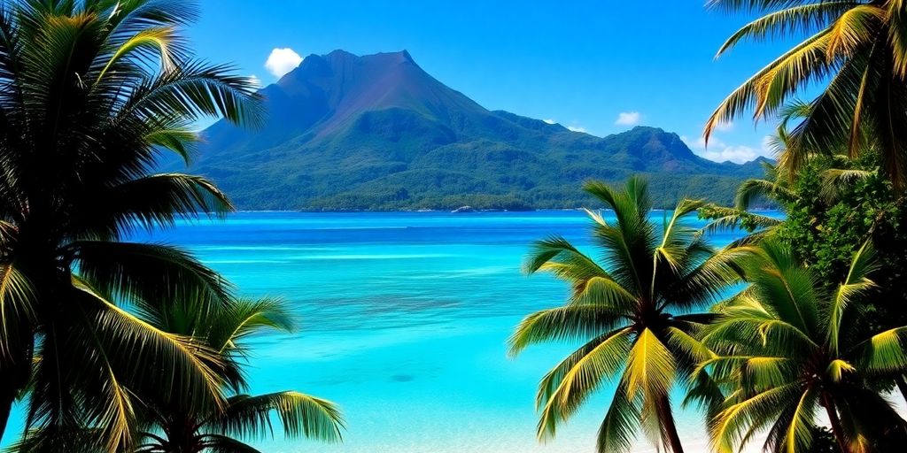 Turquoise lagoon meets lush green volcanic peaks in the Austral Islands.