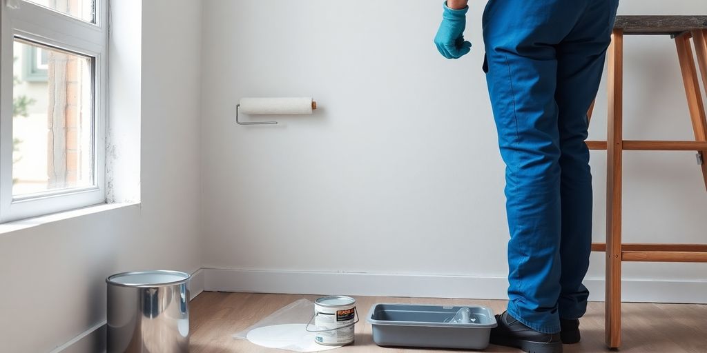 Painter in blue coveralls rolling paint on an interior wall.