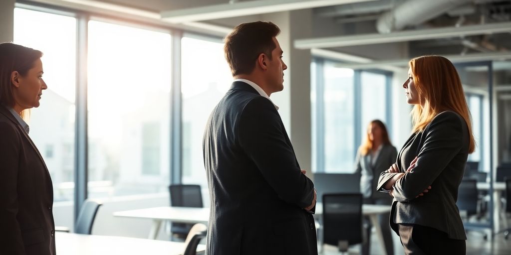 Altercation tendue entre personnes dans un bureau immobilier contemporain.