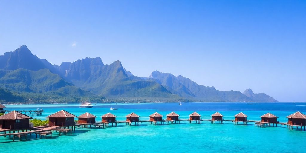 Overwater bungalows in Bora Bora with turquoise lagoon.