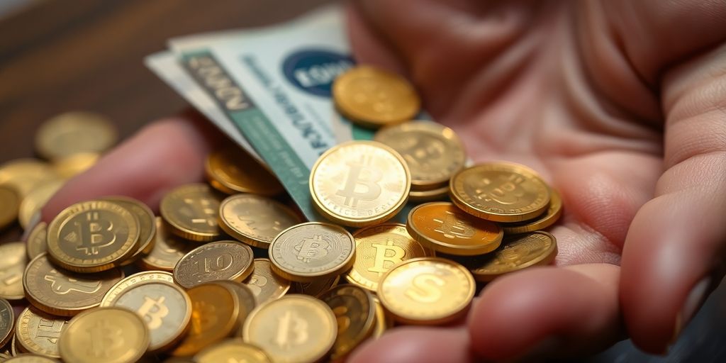 Une main tenant des pièces d'or et des billets.