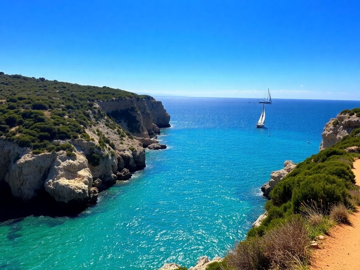 Coastal path with turquoise sea and rugged cliffs.