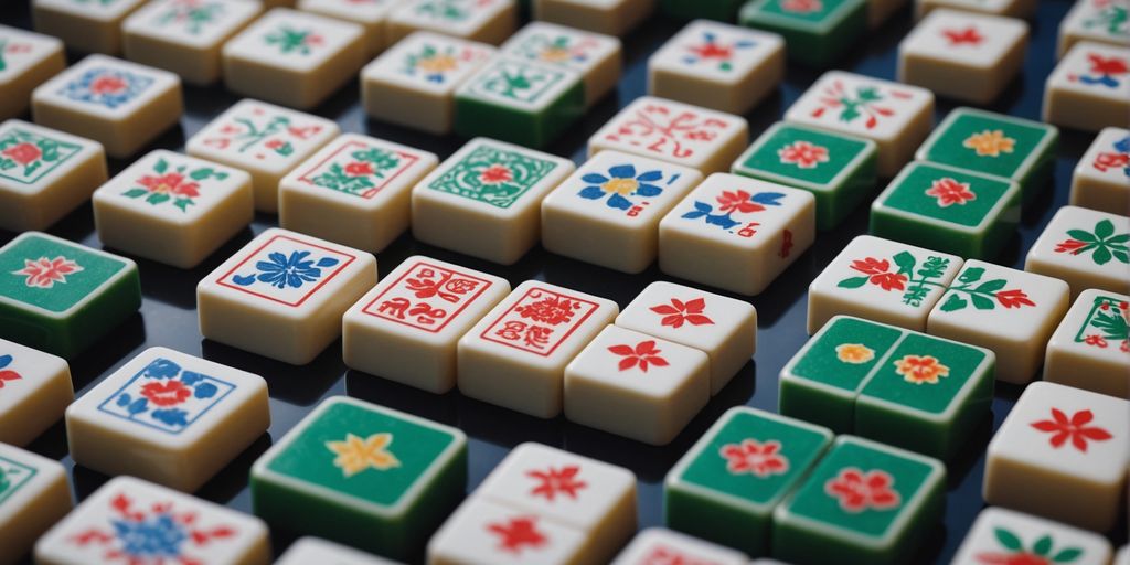 Mahjong tiles with various symbols neatly arranged.