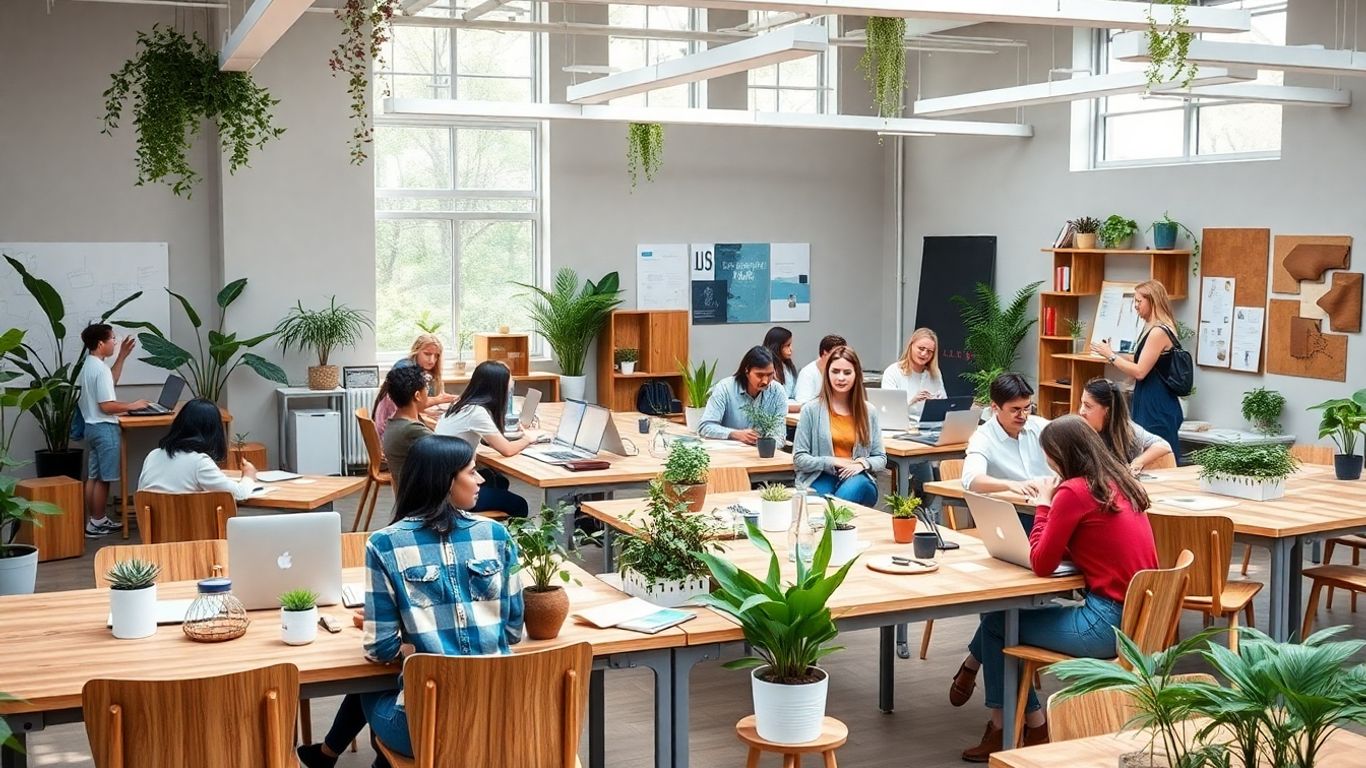 Modern classroom with students and eco-friendly interior design materials