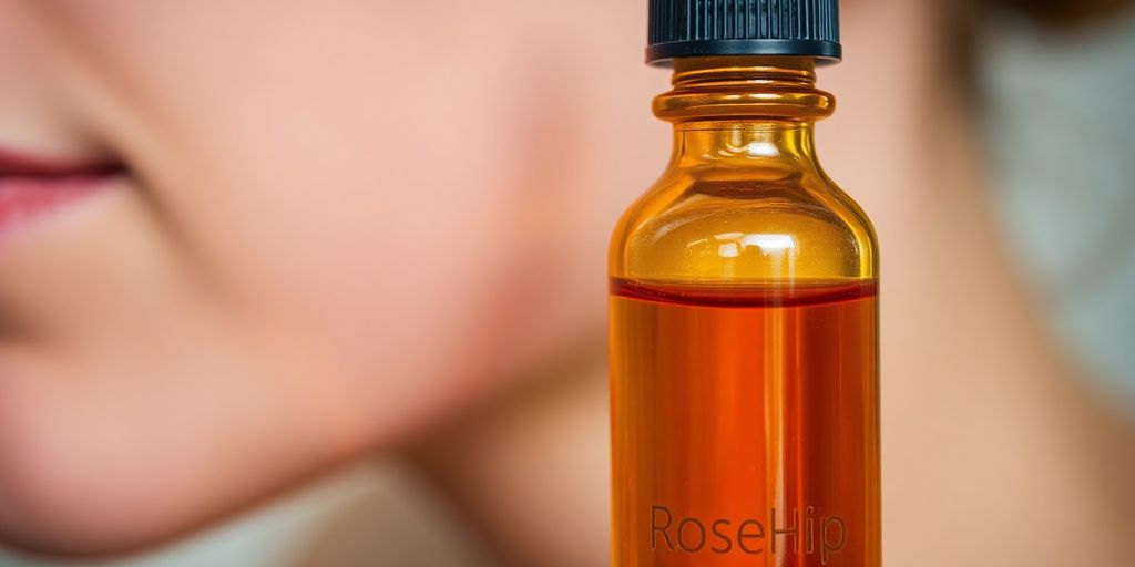 Rosehip oil bottle, radiant face.
