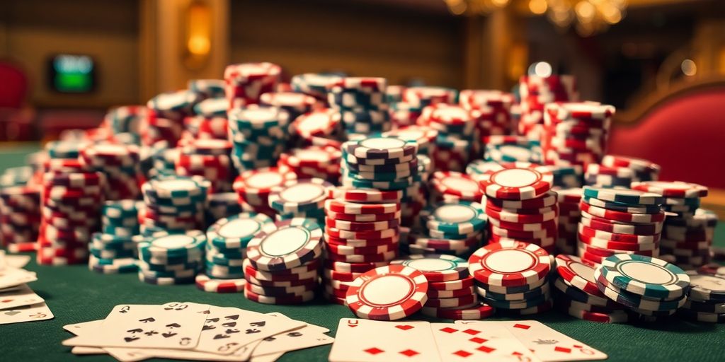 Casino chips and playing cards scattered on a table.