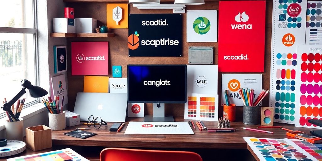 Colorful branding materials and tools on a workspace.