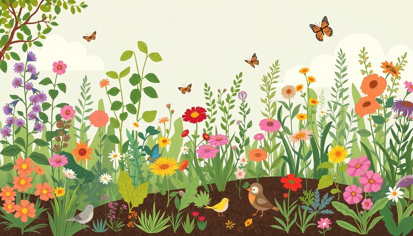 Illustrative garden with plants, flowers, and small animals.