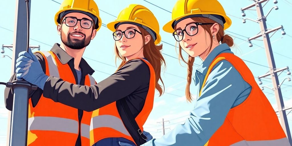Two apprentices, one male, one female, working on electrical grid.