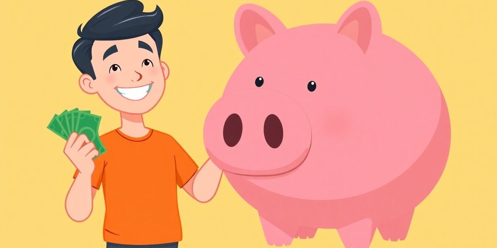 Man happily holding money, standing by piggy bank.