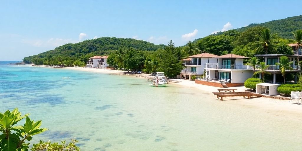 Scenic Kata beach with modern Airbnb properties in view.