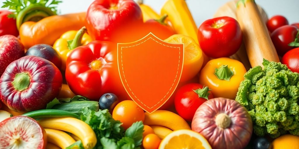 Vibrant fruits and vegetables with a shield.