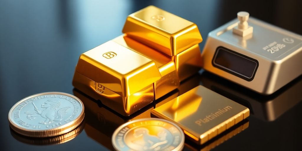 Lingots d'or brillants, pièce d'argent, et balance de précision.
