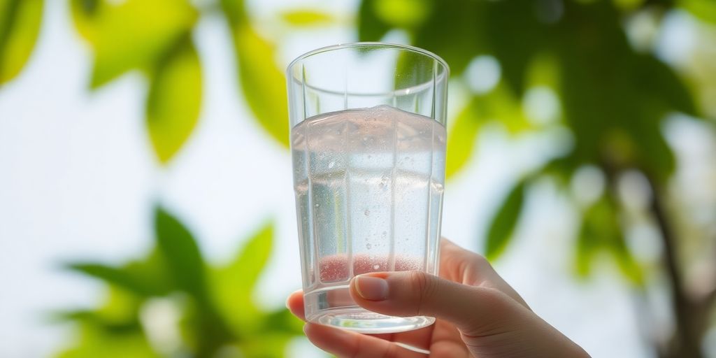 Woman drinking water from a clear glass.